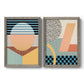 Set of two gray barnwood framed canvas prints featuring two retro graphic abstracts featuring bold geometric Memphis-style patterns.