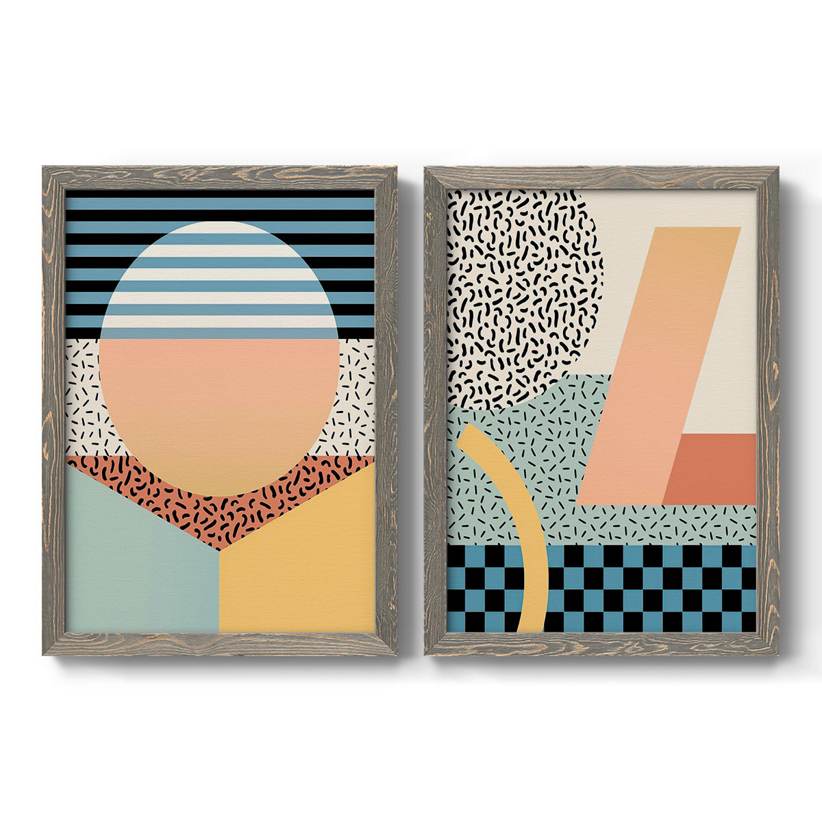 Set of two gray barnwood framed canvas prints featuring two retro graphic abstracts featuring bold geometric Memphis-style patterns.