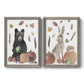Set of two gray barnwood framed canvas prints featuring a watercolor woodland animal pair with a bear rabbit hedgehog pumpkins fruit acorns and falling leaves.