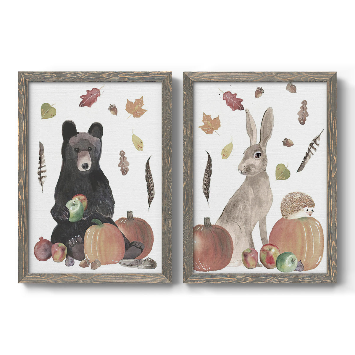 Set of two gray barnwood framed canvas prints featuring a watercolor woodland animal pair with a bear rabbit hedgehog pumpkins fruit acorns and falling leaves.