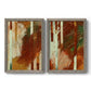 Set of two gray barnwood framed canvas prints featuring two earthy modern abstracts featuring rust orange black cream and green brush bands.