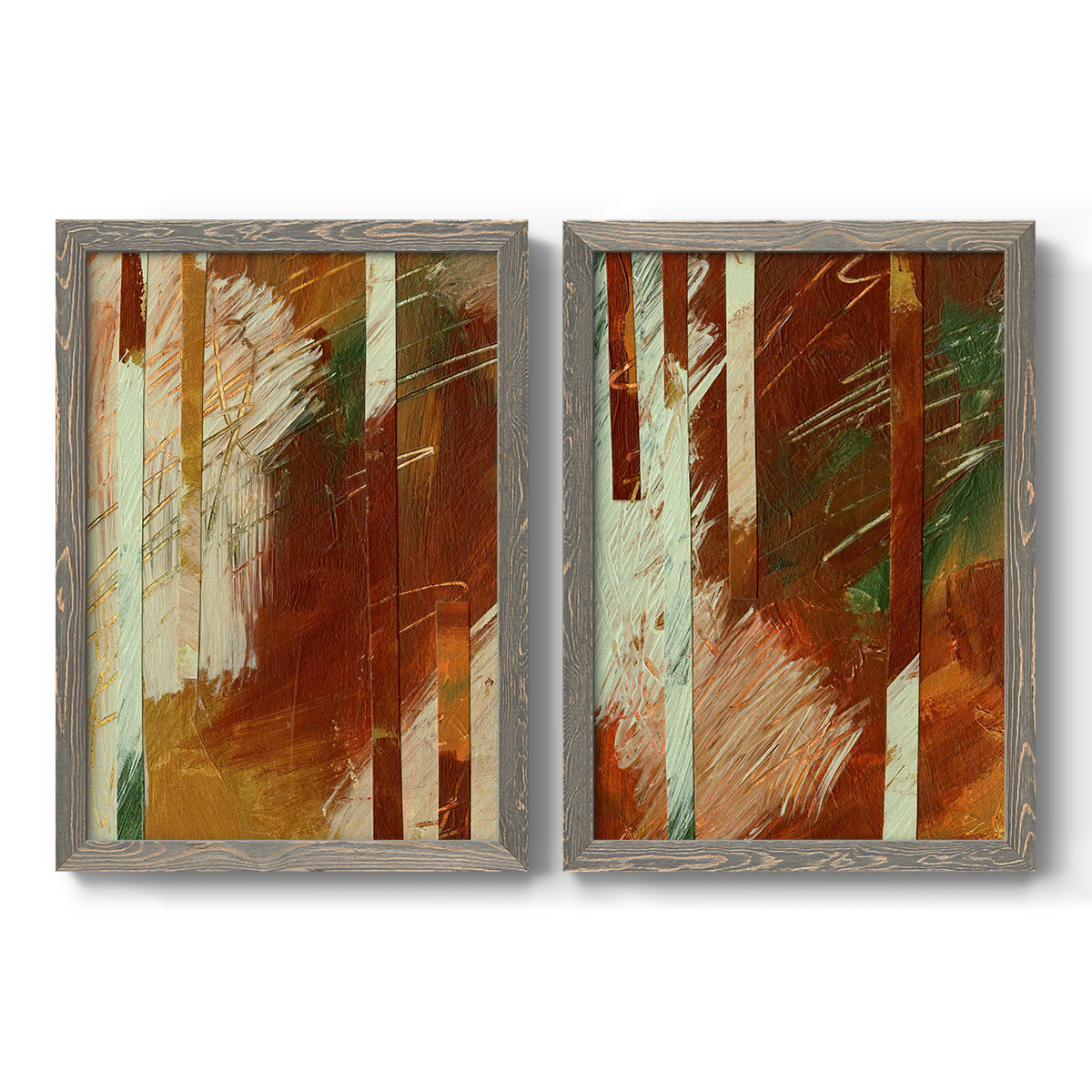 Set of two gray barnwood framed canvas prints featuring two earthy modern abstracts featuring rust orange black cream and green brush bands.