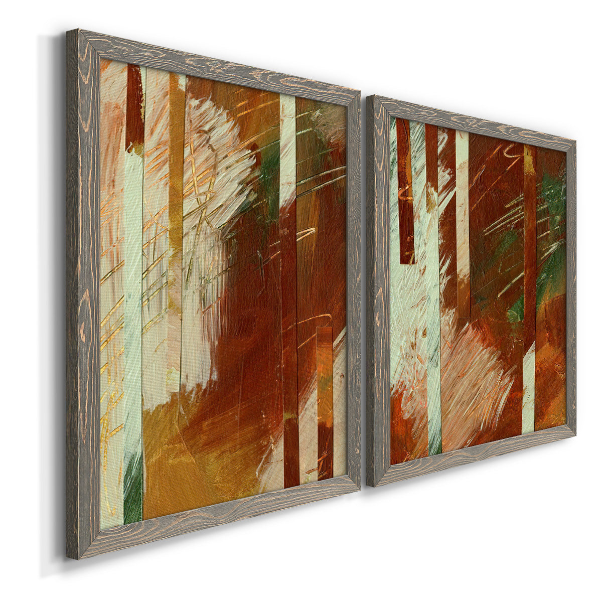 Angled view of a set of two gray barnwood framed canvas prints featuring two earthy modern abstracts featuring rust orange black cream and green brush bands.