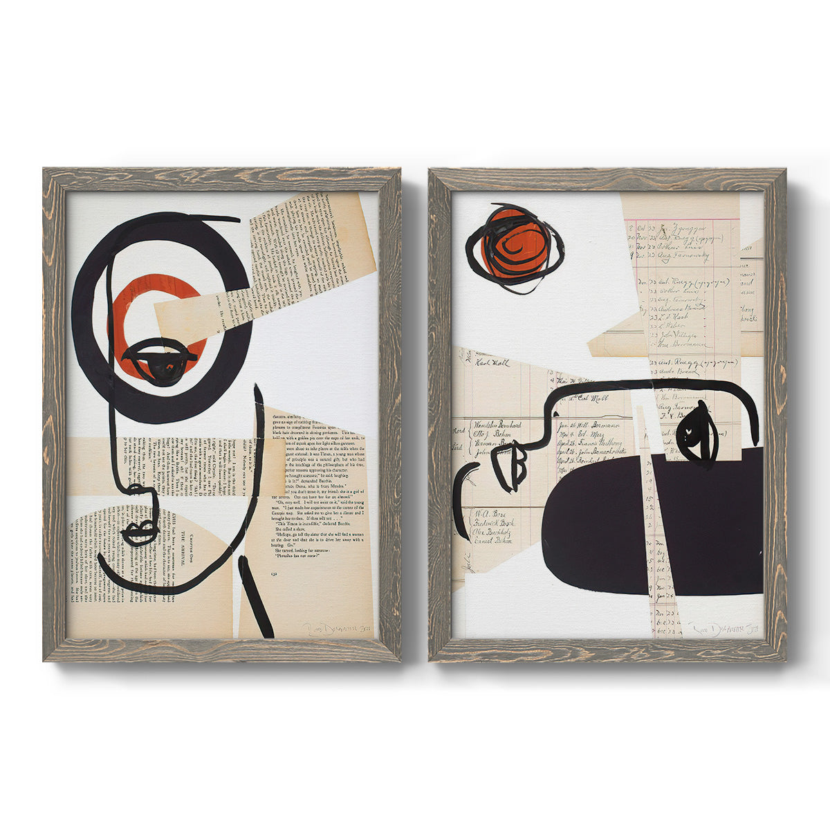 Set of two gray barnwood framed canvas prints featuring two mixed-media portrait collages featuring cubist faces layered over vintage book pages.