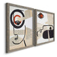 Angled view of a set of two gray barnwood framed canvas prints featuring two mixed-media portrait collages featuring cubist faces layered over vintage book pages.