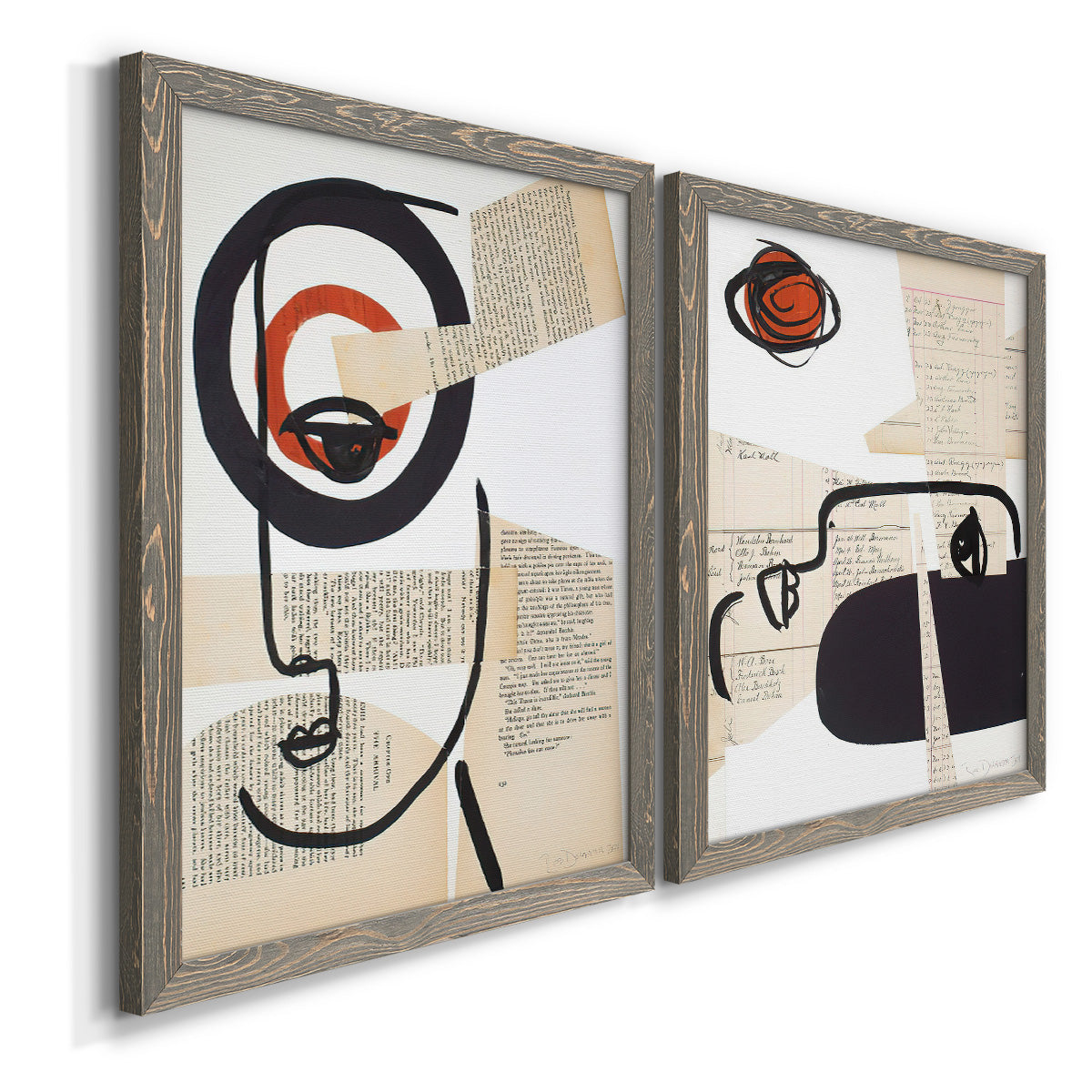 Angled view of a set of two gray barnwood framed canvas prints featuring two mixed-media portrait collages featuring cubist faces layered over vintage book pages.