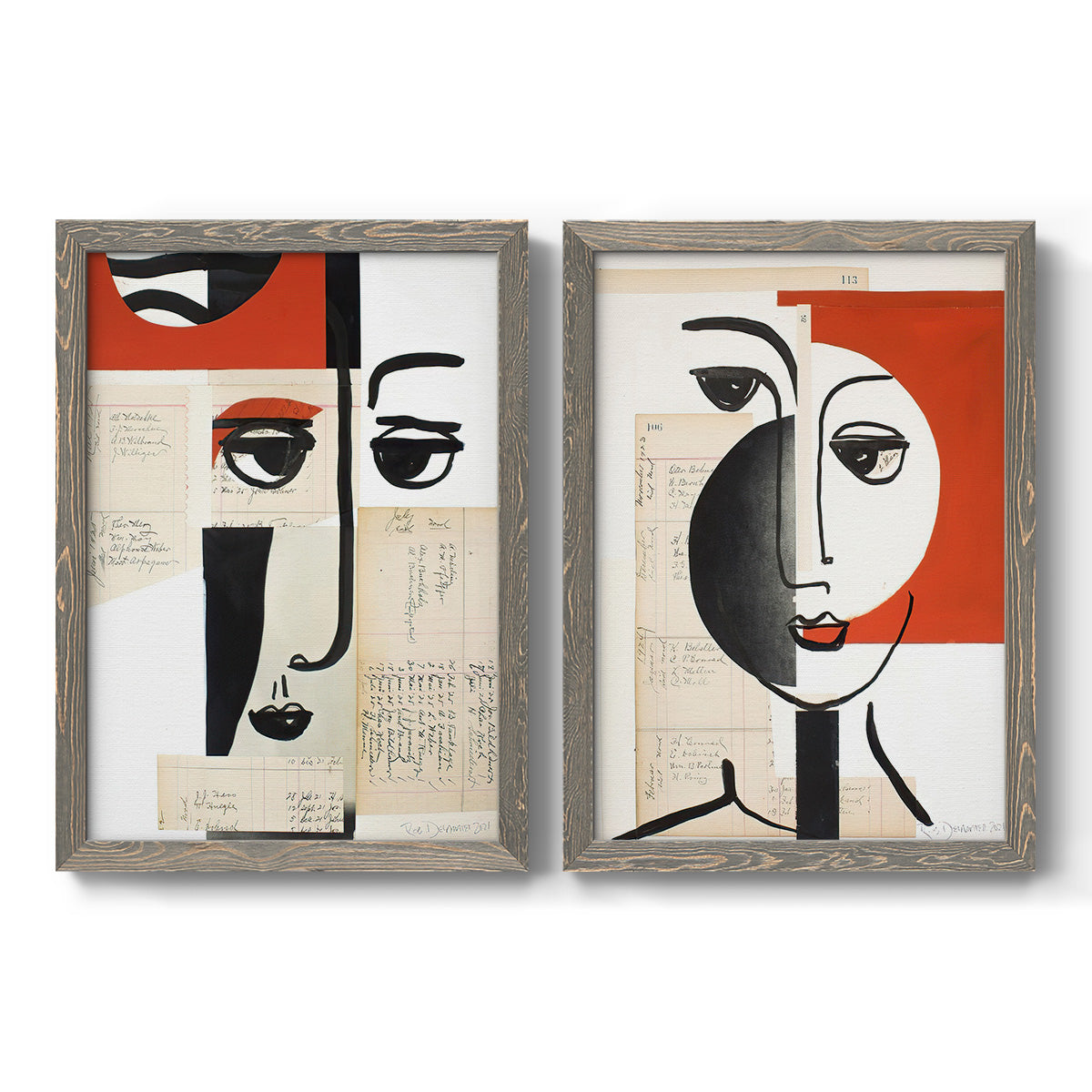 Set of two gray barnwood framed canvas prints featuring two mixed-media portrait collages featuring cubist faces layered over vintage book pages.