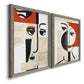 Angled view of a set of two gray barnwood framed canvas prints featuring two mixed-media portrait collages featuring cubist faces layered over vintage book pages.