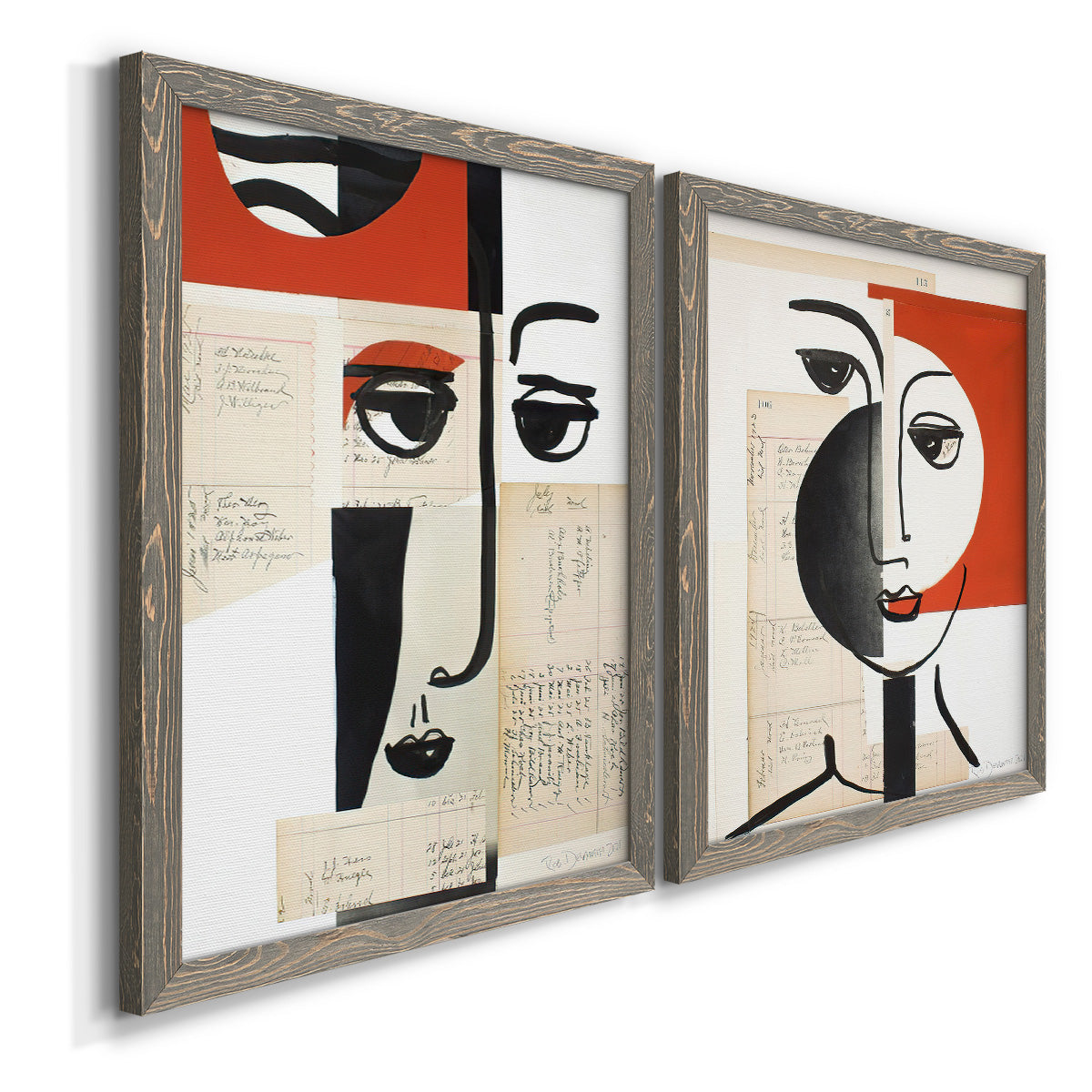 Angled view of a set of two gray barnwood framed canvas prints featuring two mixed-media portrait collages featuring cubist faces layered over vintage book pages.