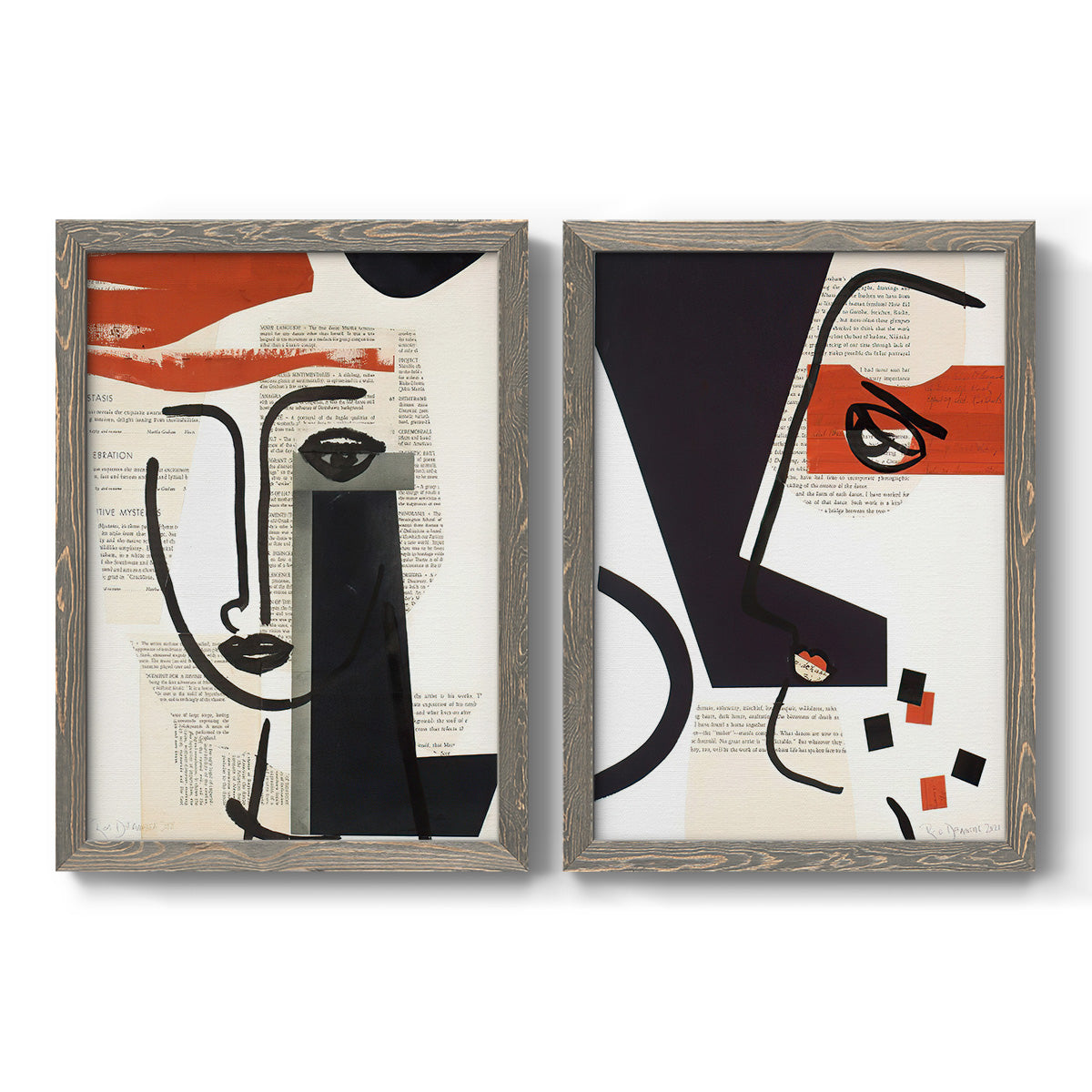 Set of two gray barnwood framed canvas prints featuring two mixed-media portrait collages featuring cubist faces layered over vintage book pages.