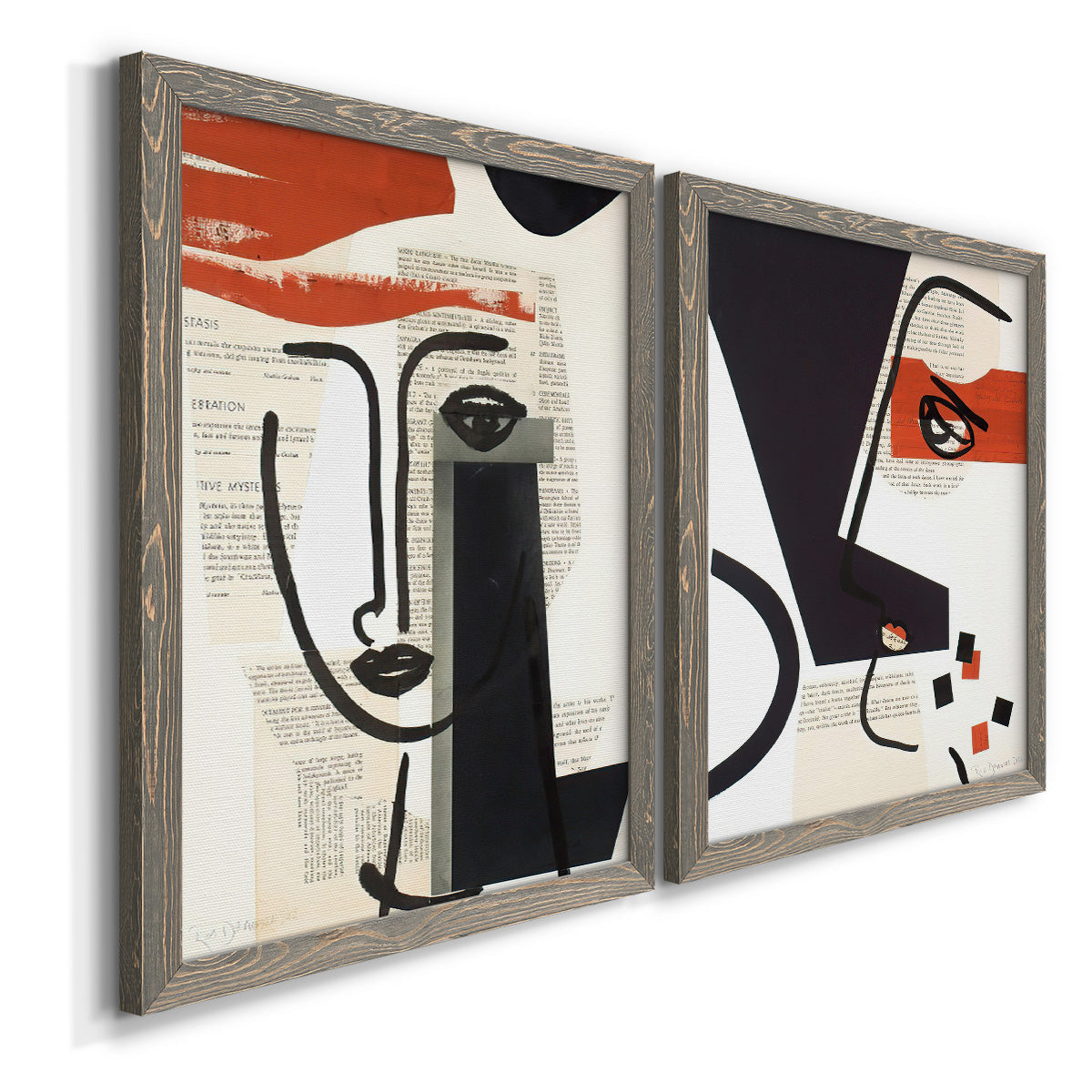 Angled view of a set of two gray barnwood framed canvas prints featuring two mixed-media portrait collages featuring cubist faces layered over vintage book pages.