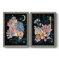 Set of two gray barnwood framed canvas prints featuring two whimsical floral collages featuring fantastical bouquets and celestial symbols on black.