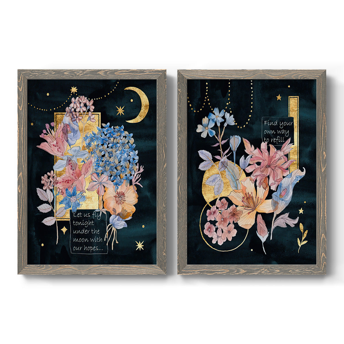 Set of two gray barnwood framed canvas prints featuring two whimsical floral collages featuring fantastical bouquets and celestial symbols on black.