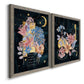 Angled view of a set of two gray barnwood framed canvas prints featuring two whimsical floral collages featuring fantastical bouquets and celestial symbols on black.