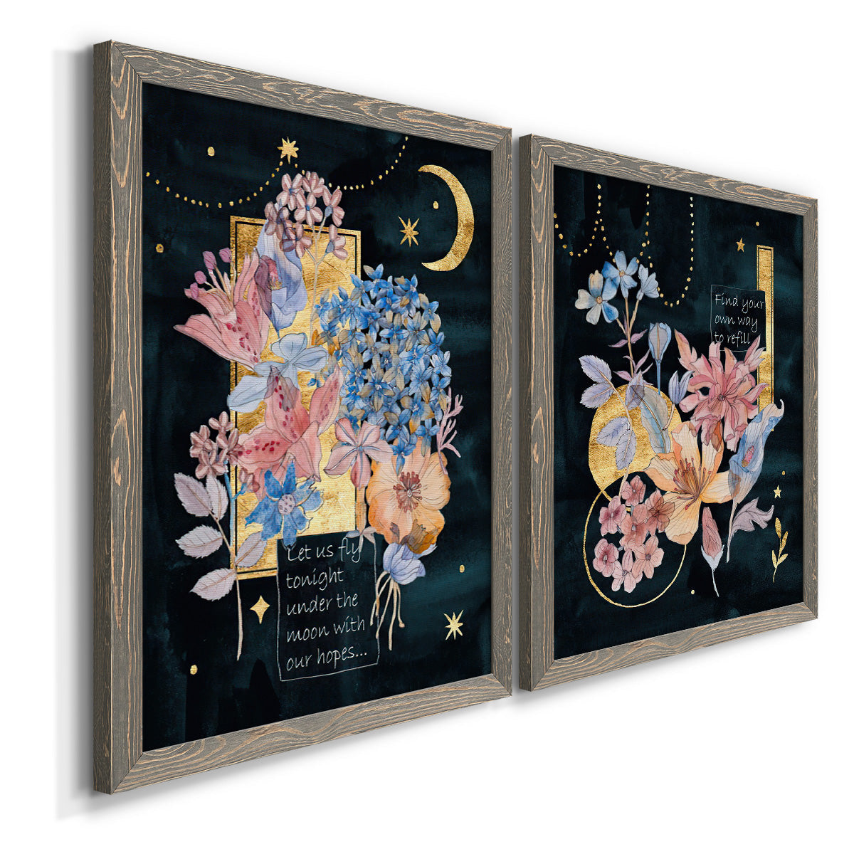 Angled view of a set of two gray barnwood framed canvas prints featuring two whimsical floral collages featuring fantastical bouquets and celestial symbols on black.