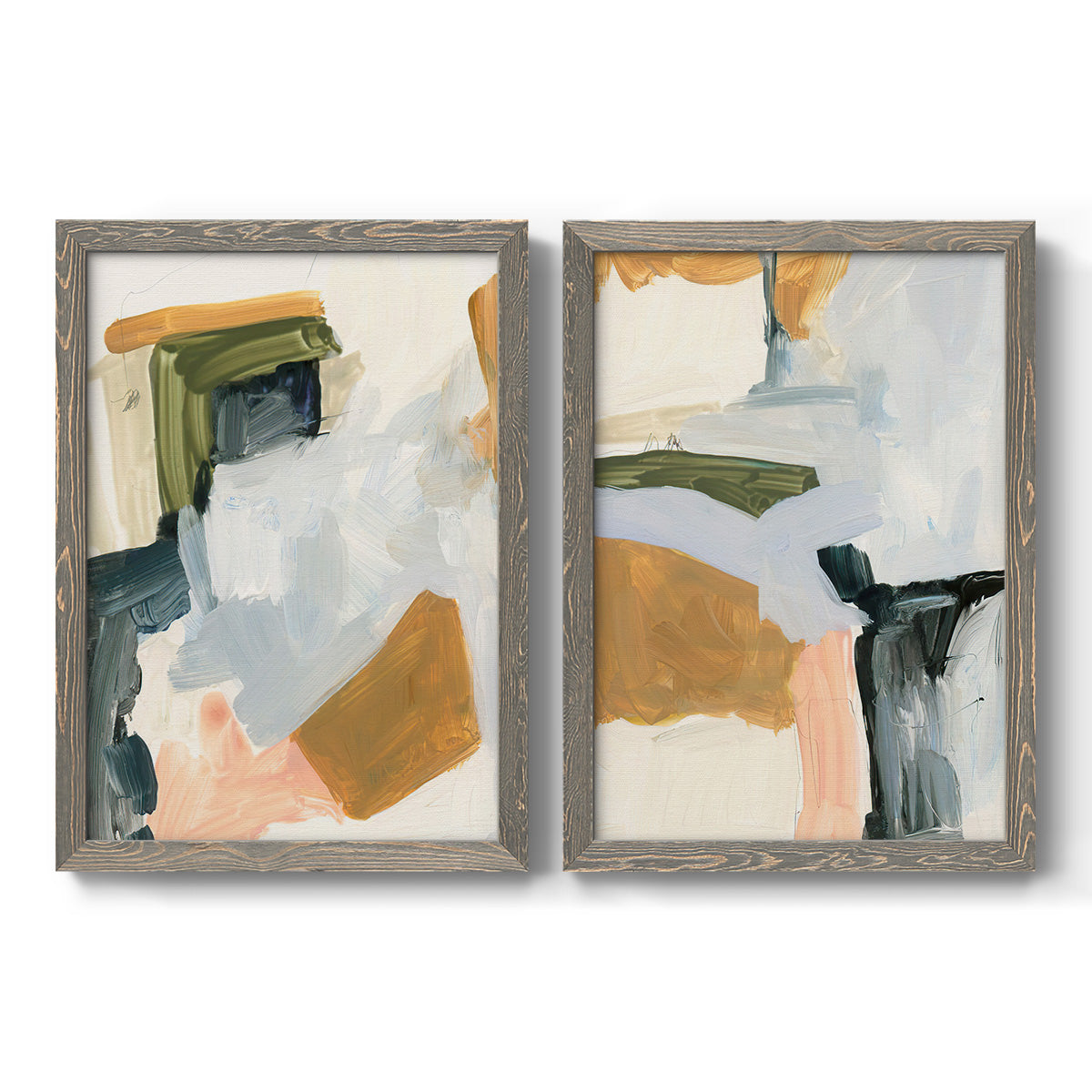 Set of two gray barnwood framed canvas prints featuring two contemporary mixed-media abstracts featuring layered green ochre blush gray and white paint blocks.