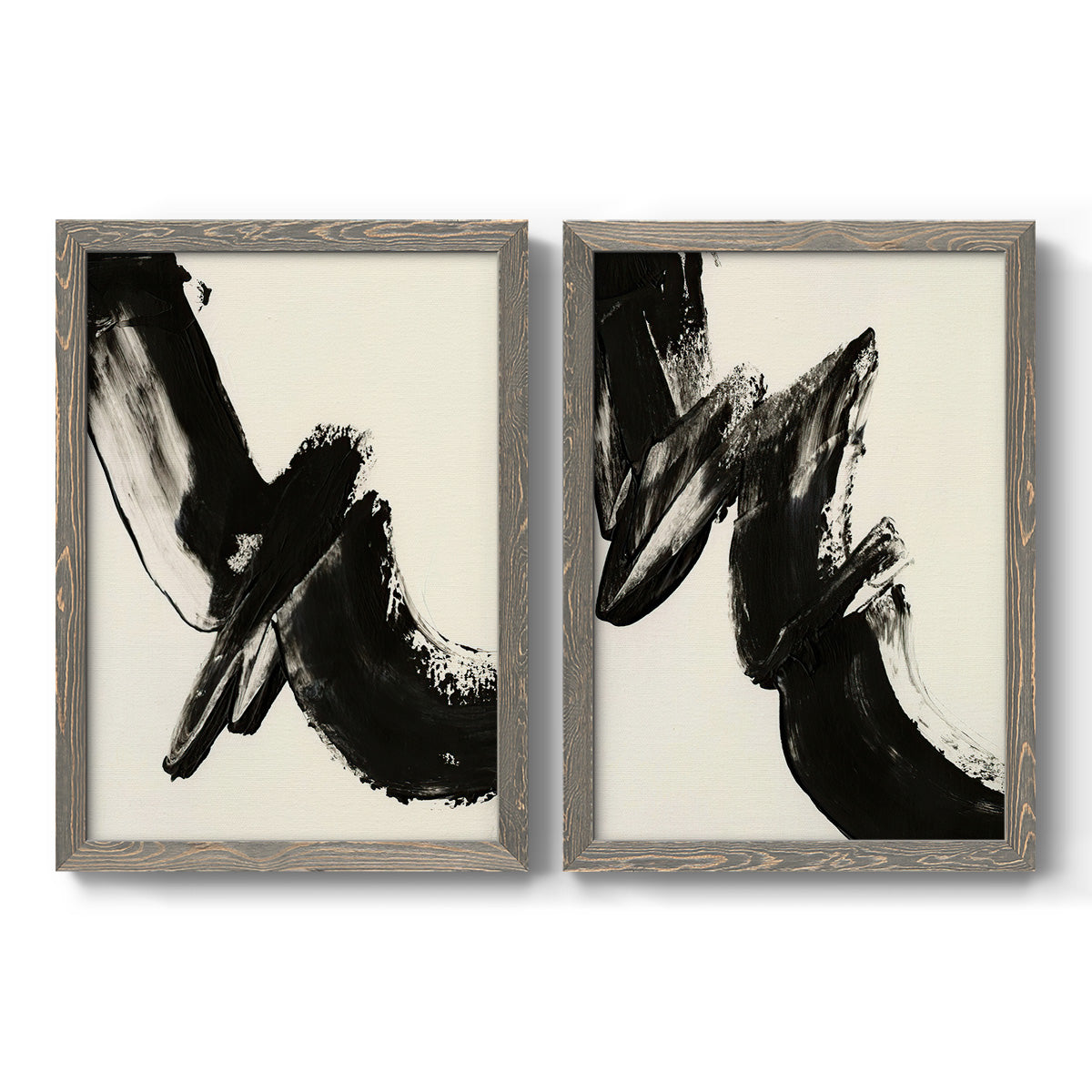 Set of two gray barnwood framed canvas prints featuring two bold gestural abstracts featuring sweeping black calligraphic brushstrokes.