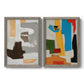 Set of two gray barnwood framed canvas prints featuring two mid-century geometric abstracts featuring stacked gray cream blue and bright geometric blocks.