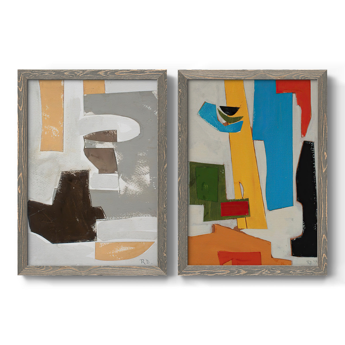Set of two gray barnwood framed canvas prints featuring two mid-century geometric abstracts featuring stacked gray cream blue and bright geometric blocks.