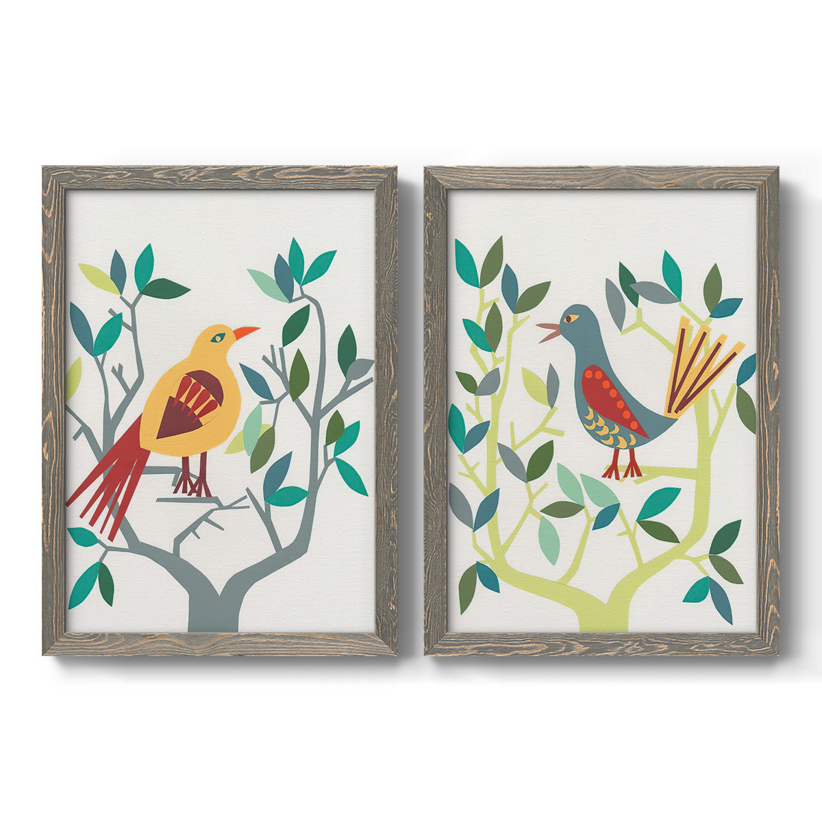 Set of two gray barnwood framed canvas prints featuring two modern folk-art bird illustrations featuring stylized colorful birds perched among leafy branches.