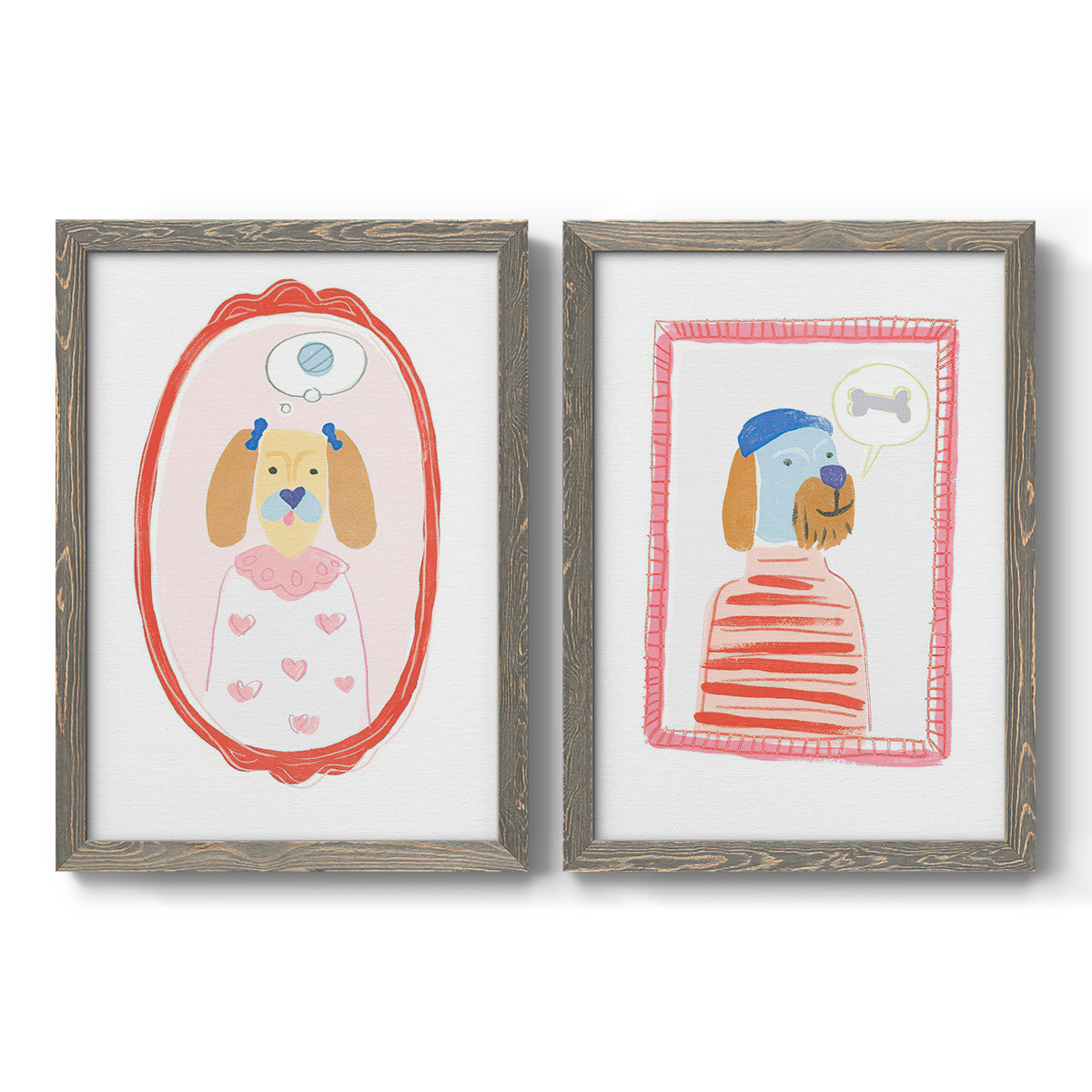 Set of two gray barnwood framed canvas prints featuring two whimsical nursery illustrations featuring playful framed portraits of fashionable cats and dogs.