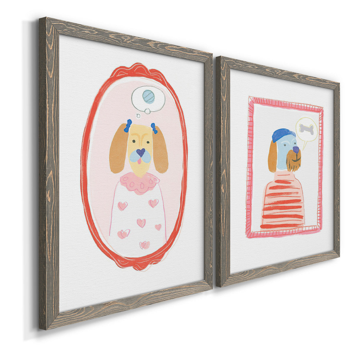 Angled view of a set of two gray barnwood framed canvas prints featuring two whimsical nursery illustrations featuring playful framed portraits of fashionable cats and dogs.