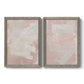 Set of two gray barnwood framed canvas prints featuring two minimalist color-field abstracts featuring soft blush and white painterly fields.
