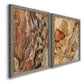 Angled view of a set of two gray barnwood framed canvas prints featuring two rustic nature photography featuring close-up tree bark textures.
