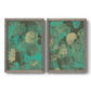 Set of two gray barnwood framed canvas prints featuring two textured organic abstracts featuring layered mint teal and beige circular forms.