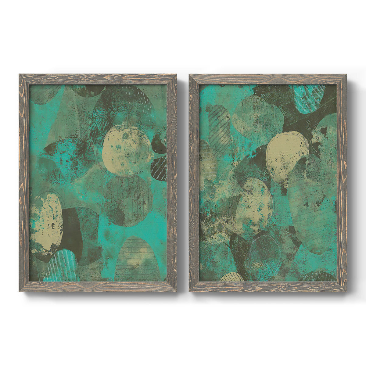 Set of two gray barnwood framed canvas prints featuring two textured organic abstracts featuring layered mint teal and beige circular forms.