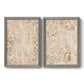 Set of two gray barnwood framed canvas prints featuring two vintage decorative prints featuring ornate cream floral damask patterns.