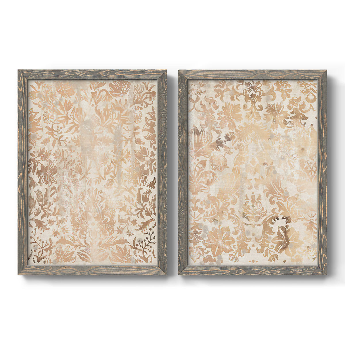 Set of two gray barnwood framed canvas prints featuring two vintage decorative prints featuring ornate cream floral damask patterns.