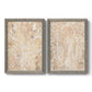 Set of two gray barnwood framed canvas prints featuring two vintage decorative prints featuring ornate cream floral damask patterns.