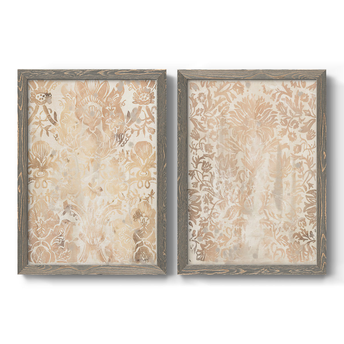 Set of two gray barnwood framed canvas prints featuring two vintage decorative prints featuring ornate cream floral damask patterns.