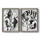 Set of two gray barnwood framed canvas prints featuring two dramatic monochrome abstracts featuring black and gray inkblot bursts.