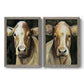Set of two gray barnwood framed canvas prints featuring two painterly farm-animal portraits featuring close-up portraits of gentle brown cows.