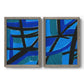 Set of two gray barnwood framed canvas prints featuring two bold geometric abstracts featuring intersecting black bars over vivid blue fields.