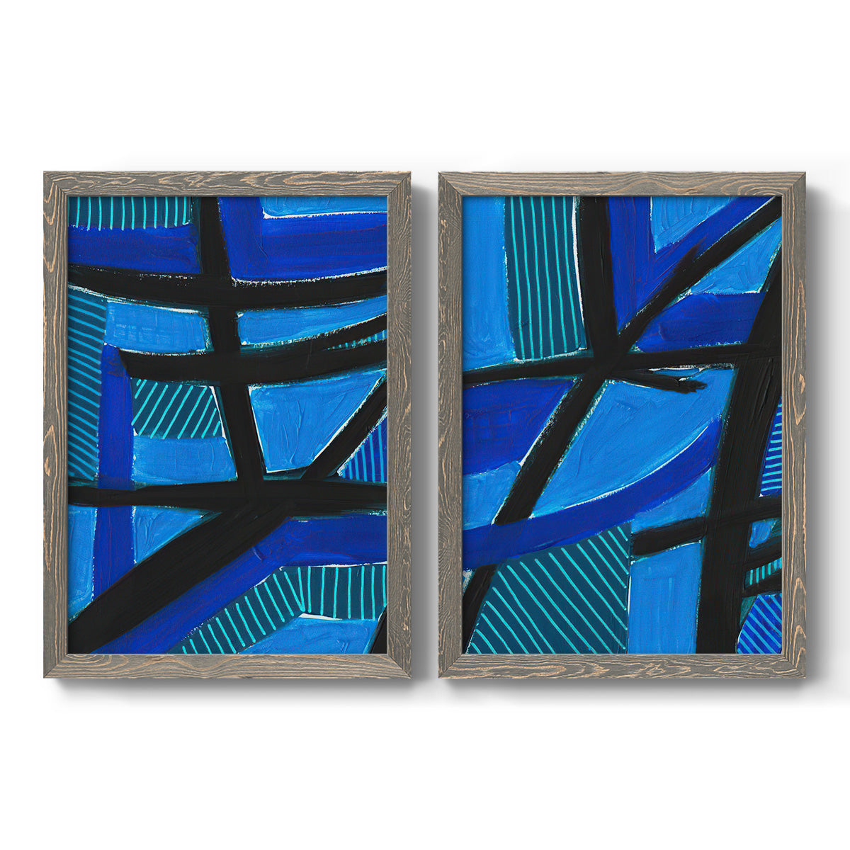 Set of two gray barnwood framed canvas prints featuring two bold geometric abstracts featuring intersecting black bars over vivid blue fields.