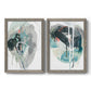 Set of two gray barnwood framed canvas prints featuring two bold gestural abstracts featuring large black gray and teal circular gestures.