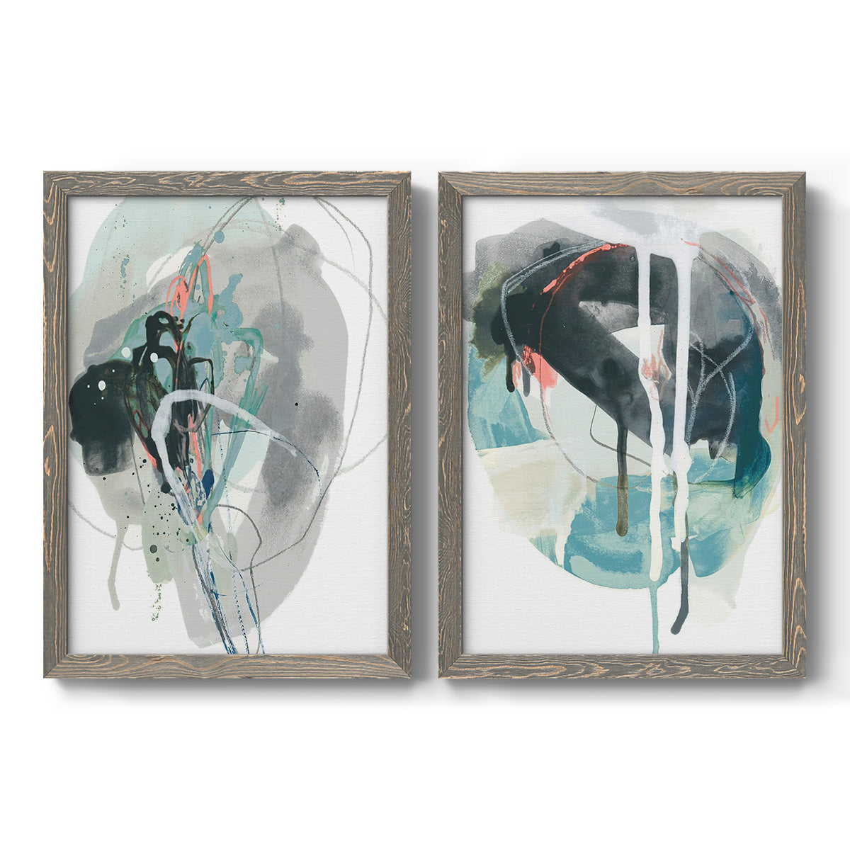 Set of two gray barnwood framed canvas prints featuring two bold gestural abstracts featuring large black gray and teal circular gestures.