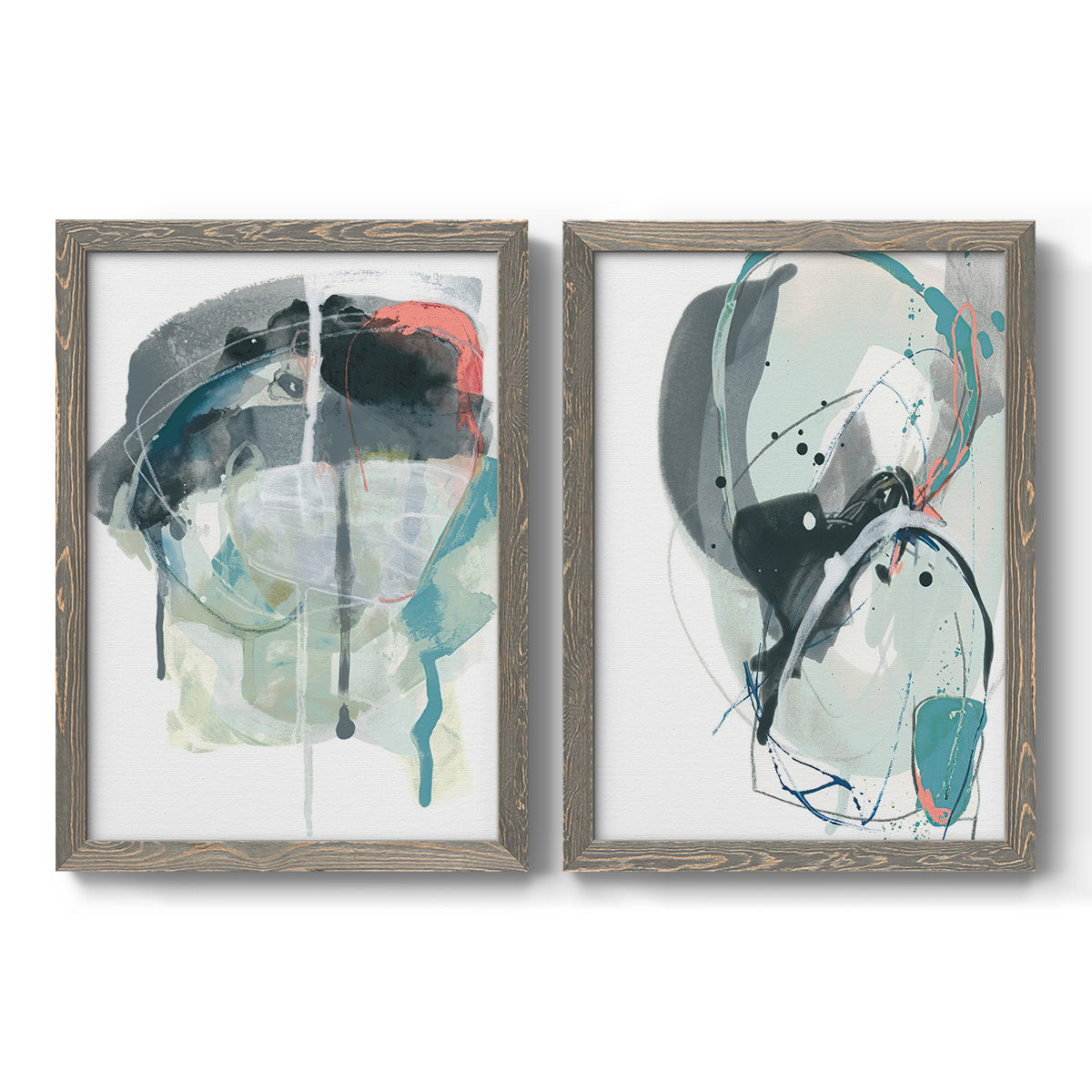 Set of two gray barnwood framed canvas prints featuring two bold gestural abstracts featuring large black gray and teal circular gestures.