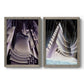 Set of two gray barnwood framed canvas prints featuring two vintage architectural illustrations featuring dramatic Art Deco city and theater scenes.