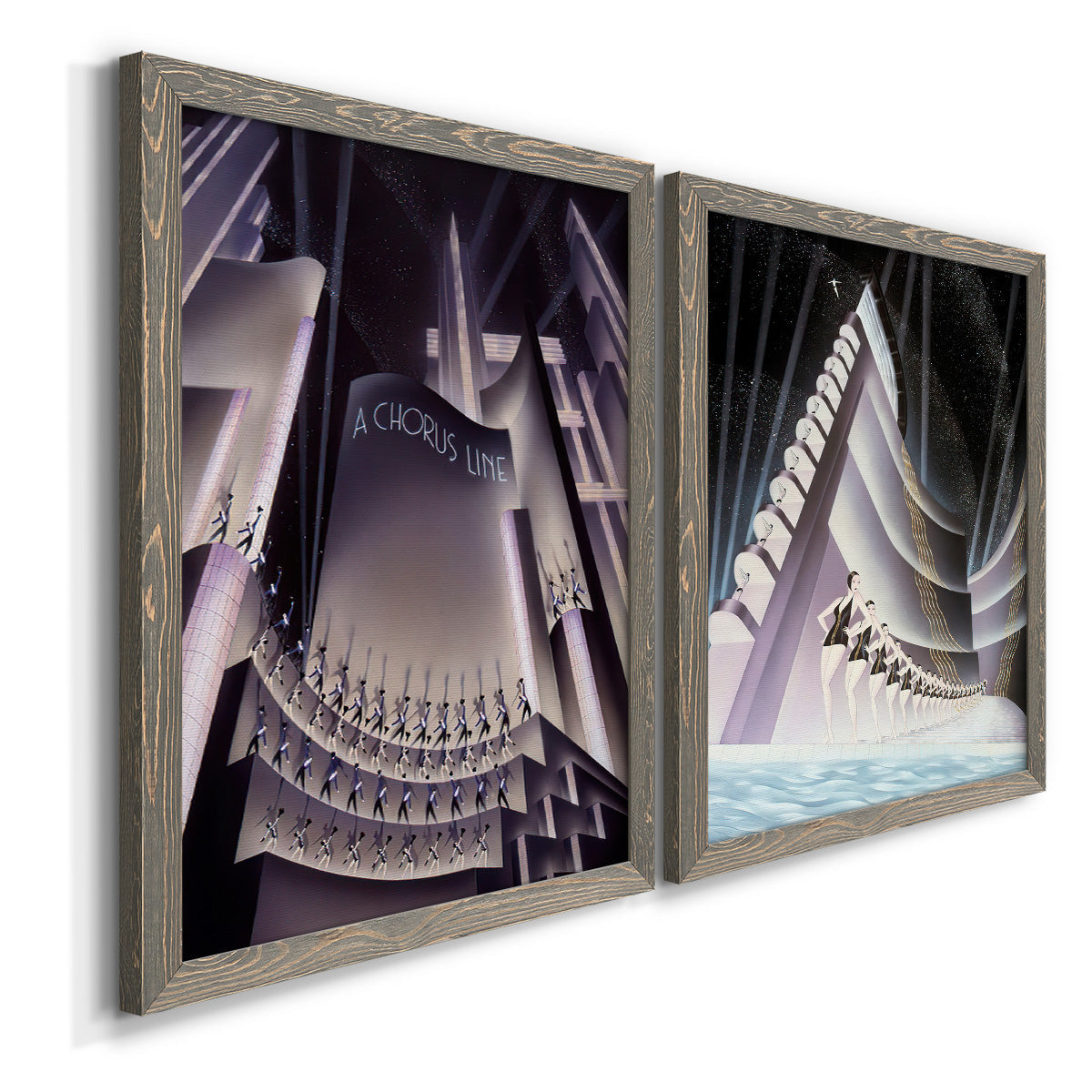 Angled view of a set of two gray barnwood framed canvas prints featuring two vintage architectural illustrations featuring dramatic Art Deco city and theater scenes.