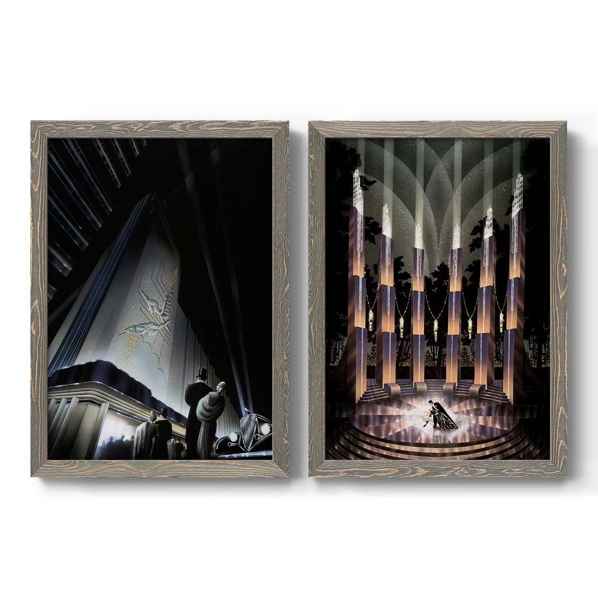 Set of two gray barnwood framed canvas prints featuring two vintage architectural illustrations featuring dramatic Art Deco city and theater scenes.