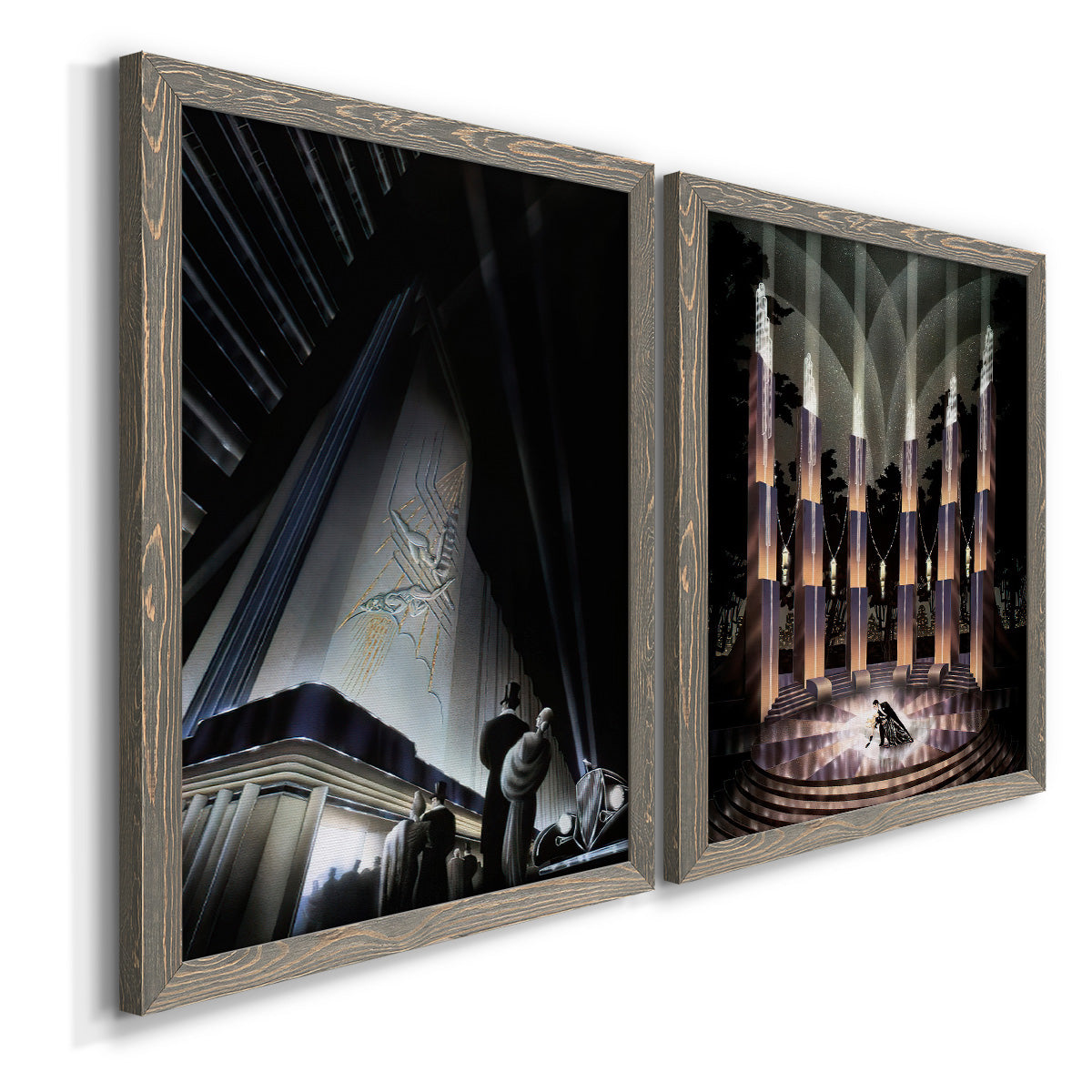 Angled view of a set of two gray barnwood framed canvas prints featuring two vintage architectural illustrations featuring dramatic Art Deco city and theater scenes.