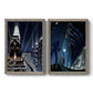 Set of two gray barnwood framed canvas prints featuring two dramatic art deco city scenes with illuminated skyscrapers nighttime skies and elegant figures.