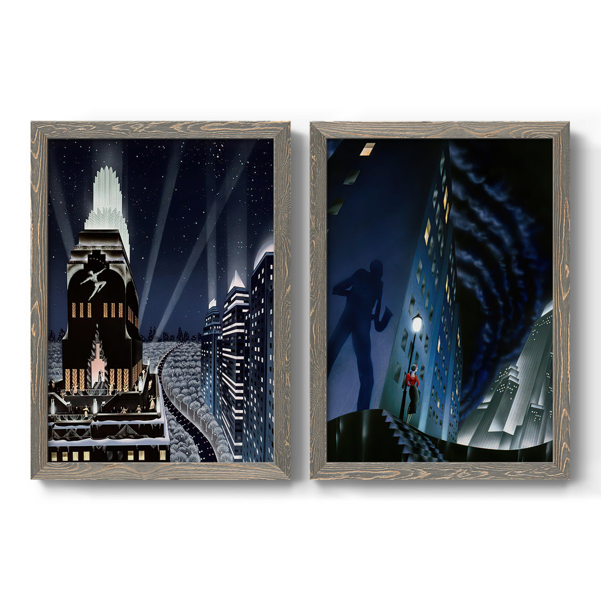 Set of two gray barnwood framed canvas prints featuring two dramatic art deco city scenes with illuminated skyscrapers nighttime skies and elegant figures.