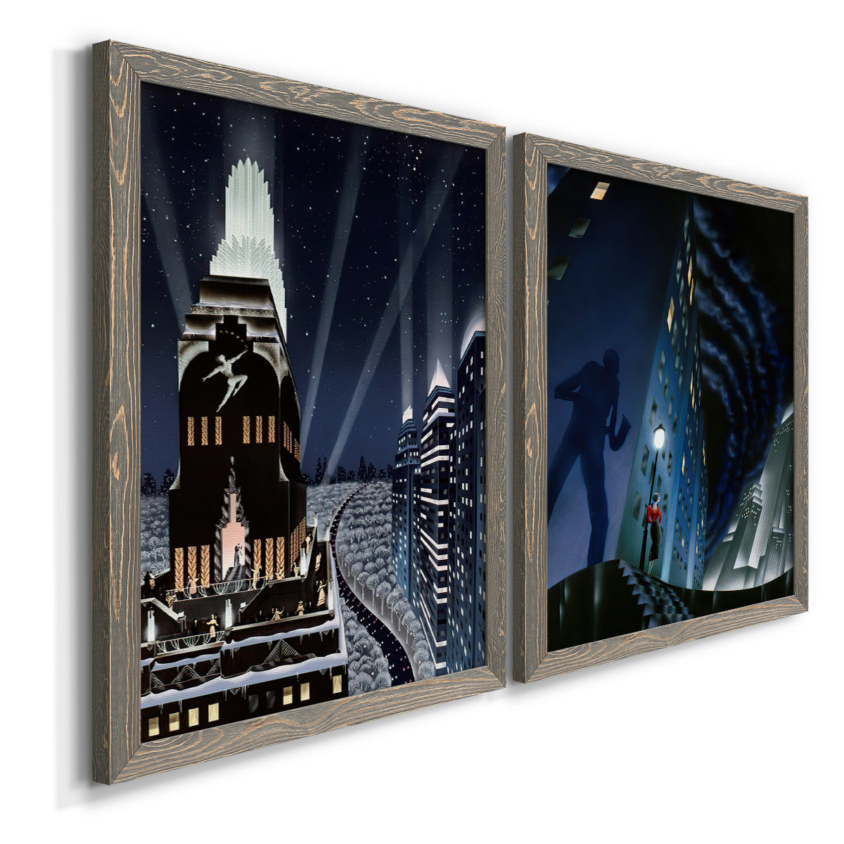 Angled view of a set of two gray barnwood framed canvas prints featuring two dramatic art deco city scenes with illuminated skyscrapers nighttime skies and elegant figures.