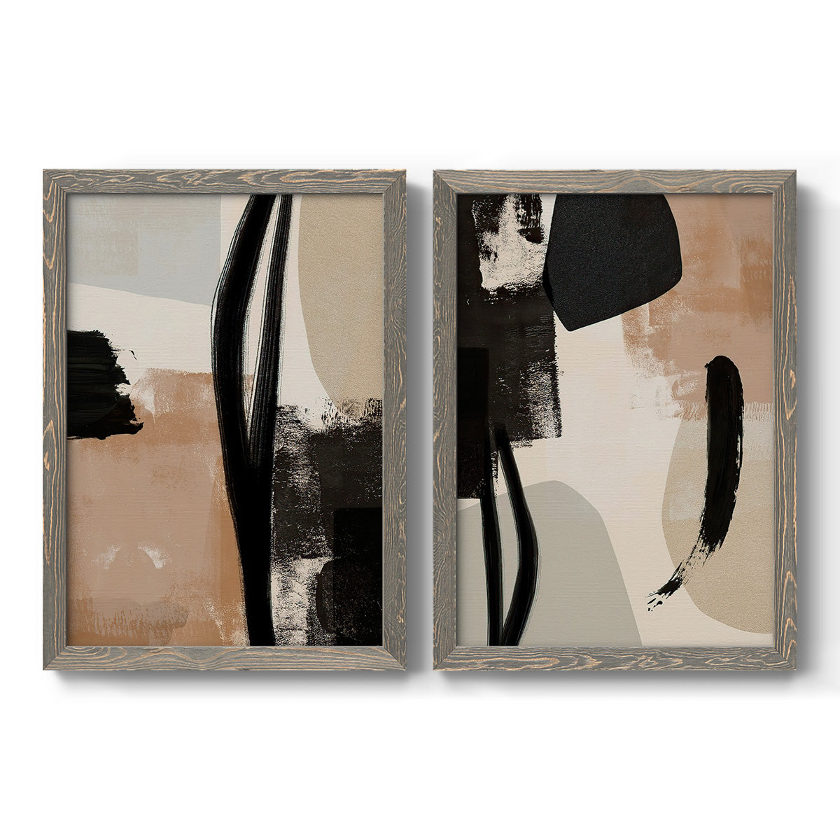 Set of two gray barnwood framed canvas prints featuring two minimalist collage-like abstracts featuring black taupe cream and beige painted forms.