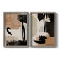 Set of two gray barnwood framed canvas prints featuring two minimalist collage-like abstracts featuring black taupe cream and beige painted forms.